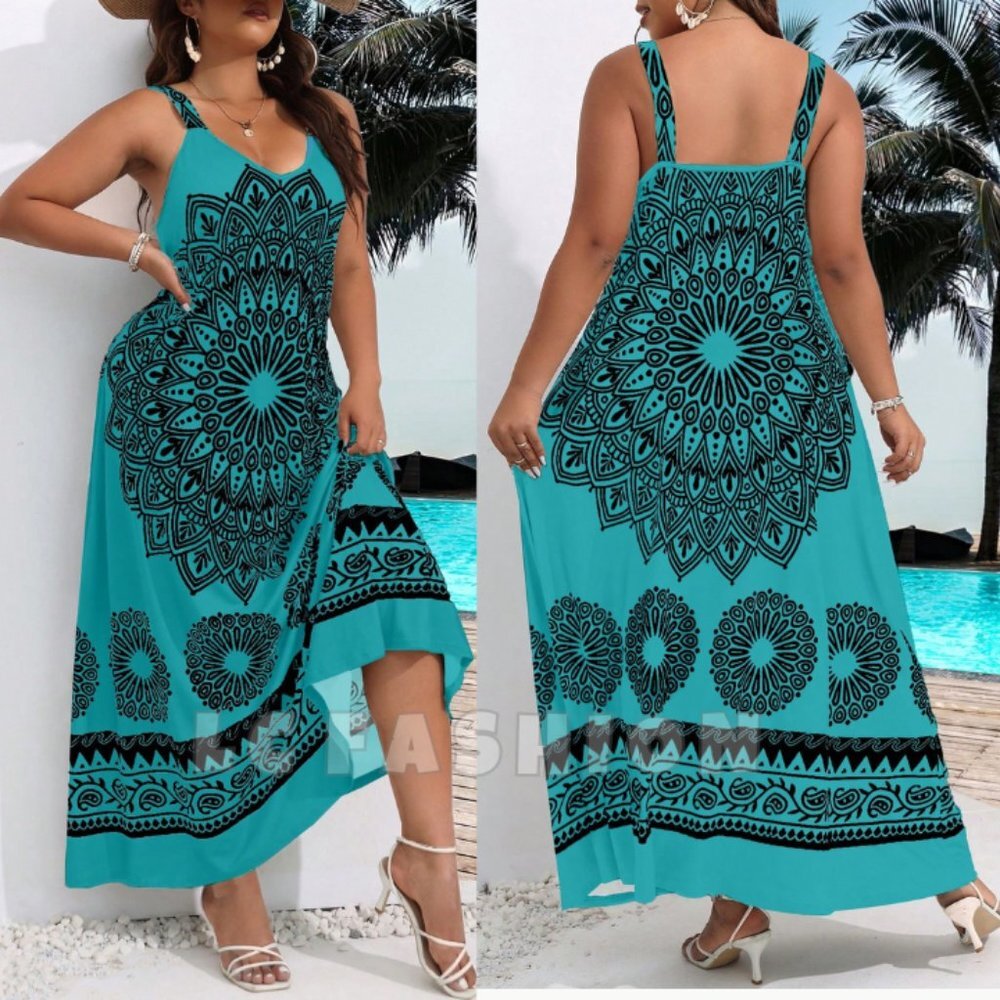Plus Size Boho Summer Dress, Floral Mandala Print Spaghetti Strap Cami Dress